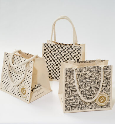 Shopping bags with three patterns, jute, sustainable material, Isabella Gluten-free Patisserie